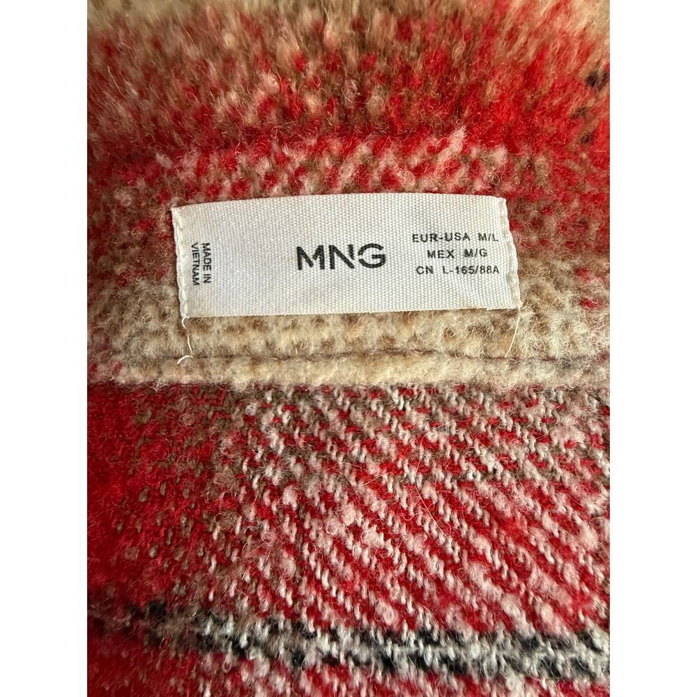 Mango Plaid Shirt Coat Red Black Cream Oversized Shacket Women’s M/L Wool Blend - Picture 9 of 11